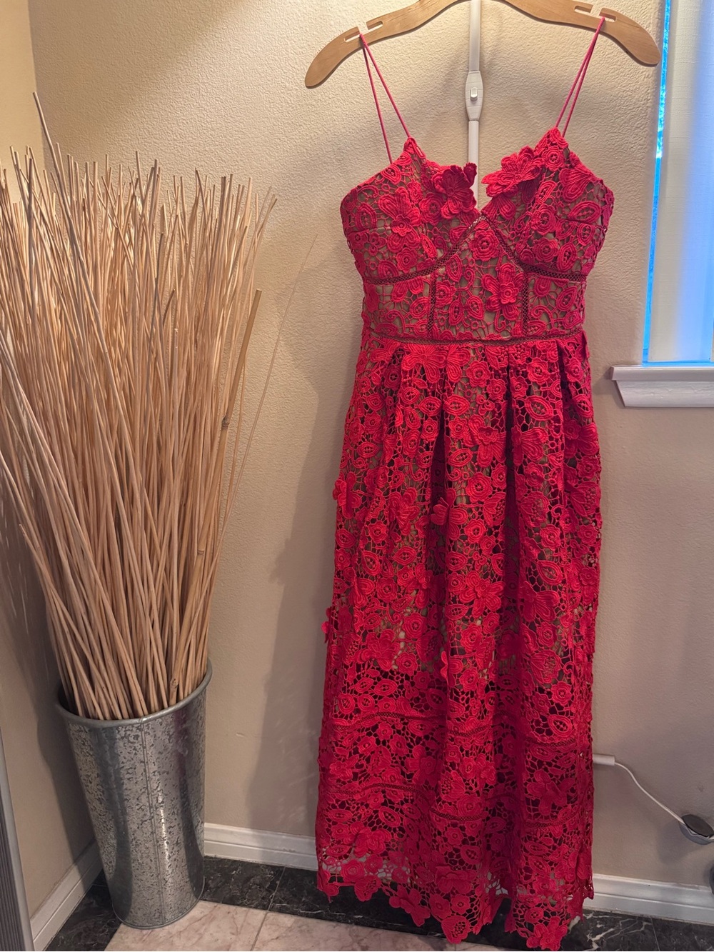 Red Lace Floral Midi Dress
